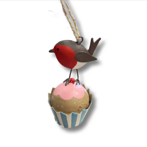 Robin on Cup Cake Hanging Decoration