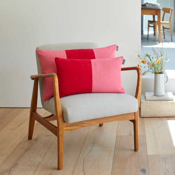 Double Colour Block Linen Cushion - Cherry/Rose