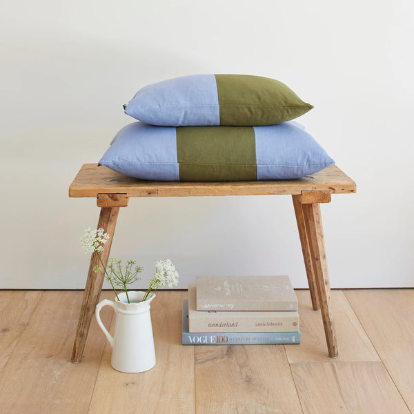 Double Colour Block Linen Cushion - Denim/Jungle