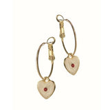 Enamel Dinky Heart W/Red Crystal Set - Worn Gold/Cream