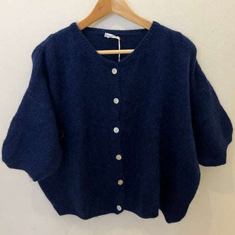 Cropped Sleeve Mohair Cardigan - Navy