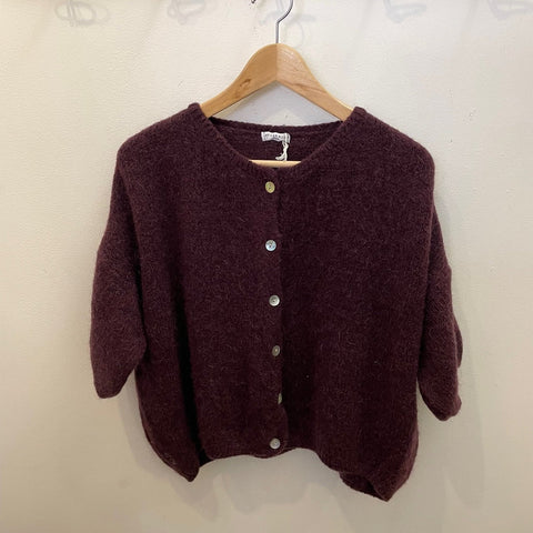 Cropped Sleeve Mohair Cardigan - Burgundy