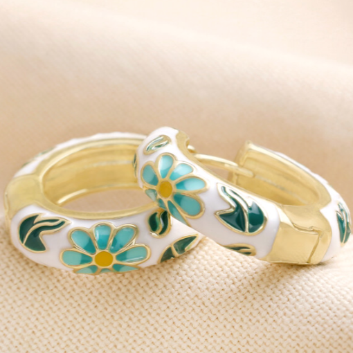 White Cloisonna Hoop Earrings in Gold - Lisa Angel