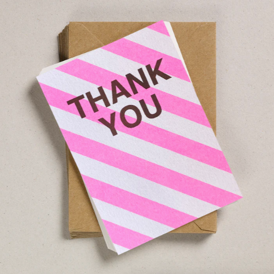 A6 Thank You Postcard - Flouro Pink & Pale Pink Diagonal Stripes - Petra Boase