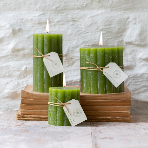 Rustic Scalloped Pillar Candle Fern Green