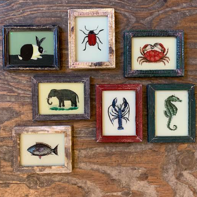 Vintage Glass Framed Animal, Insect and Sea Life Paintings - Extra Small