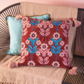 Ian Snow Rust embroidered flower cotton velvet with tassels cushion