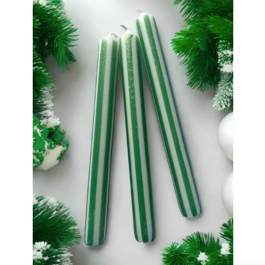 Green & Gold Pinstripe Dip Dye Dinner Candles Trio