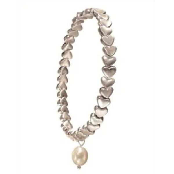 Heart Chevrons Bracelet Pearl Drop Worn Silver