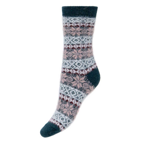 Joya Dark green and pink soft wool blend patterned socks