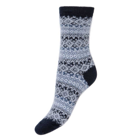 Joya Dark blue and white soft wool blend patterned socks