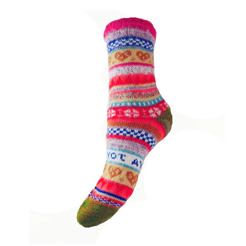 Joya Multi coloured, dark red cuff, Scandi patterned socks