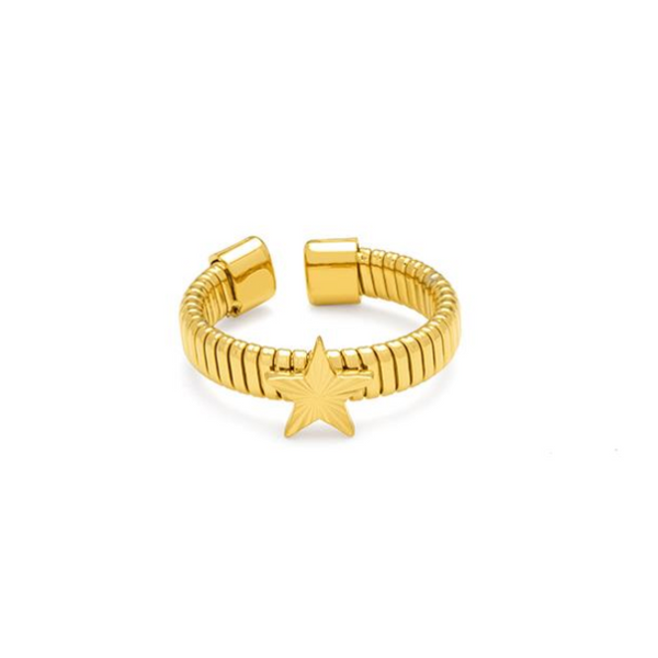 White Leaf Ridged Band Star Ring - Gold