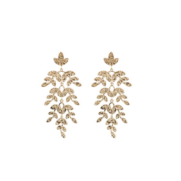 White Leaf Textured Branches Earring - Gold