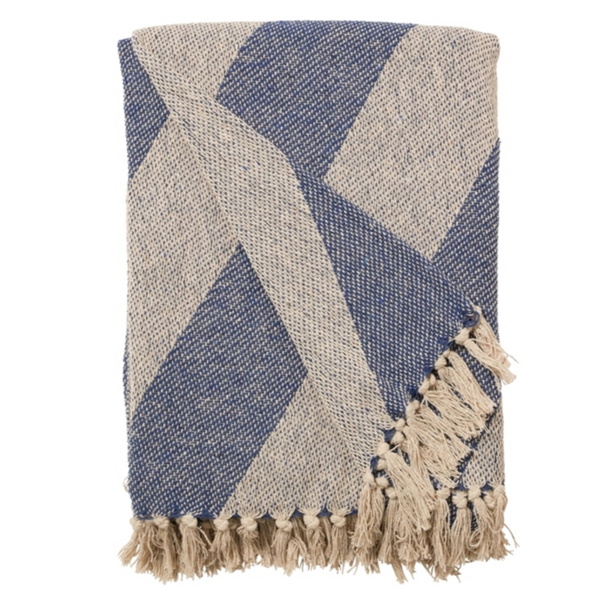 Au Maison Cotton Throw - Royal Blue & Natural Diagonal Stripe