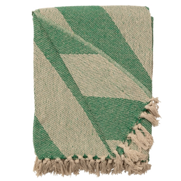 Au Maison Cotton Throw - Emerald & Natural Diagonal Stripe