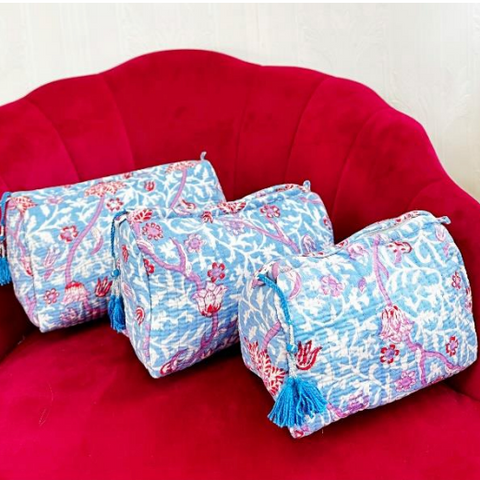 Quilted Washbag - Blue with Pink/ White Floral