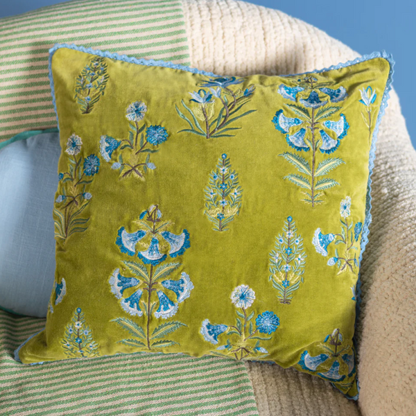 Ian Snow Sage Green Velvet Botanical Embroidered Cushion Cover