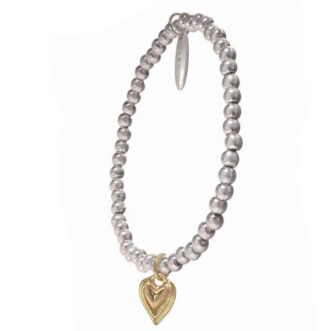 Solo Heart Beaded Elasticated Bracelet - Worn Silver