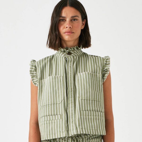 Seventy + Mochi Pablo Waistcoat in Vintage Moss Wide Stripe