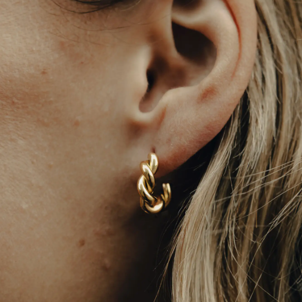 Nordic Muse - Gold Ridge Twist Hoop Earrings, Waterproof