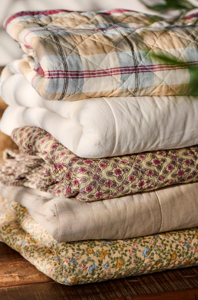 Quilt with Blue, Beige and Grey Stripe