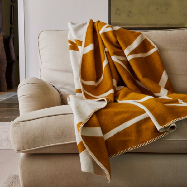 Organic Cotton Throw With Blanket Stitch - Mustard